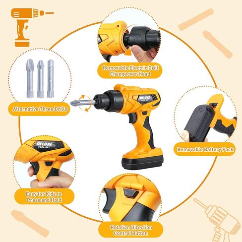 Zone Goys 48pcs Tool Tool with Tool Box و Electronic Toy Drill ، Play Play Kits Kits Construction للأطفال الذين تتراوح أعمارهم بين 3 و 5 سنوات ، ألعاب Boy Toddler (أصفر) in Kuwait