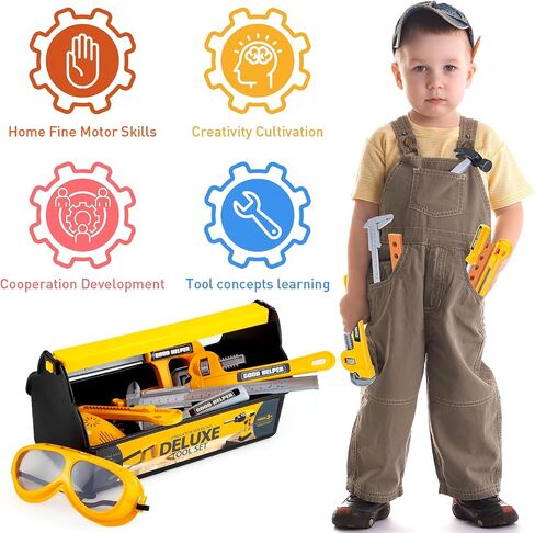 Zone Goys 48pcs Tool Tool with Tool Box و Electronic Toy Drill ، Play Play Kits Kits Construction للأطفال الذين تتراوح أعمارهم بين 3 و 5 سنوات ، ألعاب Boy Toddler (أصفر) in Kuwait