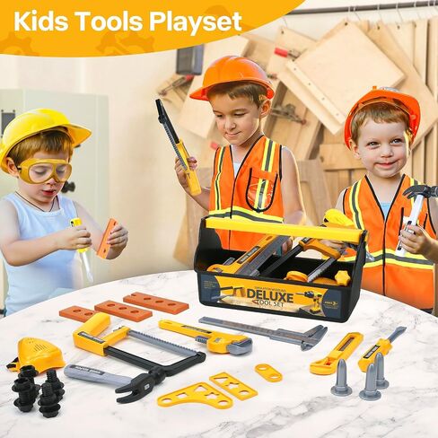 Zone Goys 48pcs Tool Tool with Tool Box و Electronic Toy Drill ، Play Play Kits Kits Construction للأطفال الذين تتراوح أعمارهم بين 3 و 5 سنوات ، ألعاب Boy Toddler (أصفر) in Kuwait