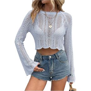 SOLY HUX Women's Hollow Out Crochet Crop Top Long Bell Sleeve Knit Sweater Pullover Without Bra in Saudi Arabia