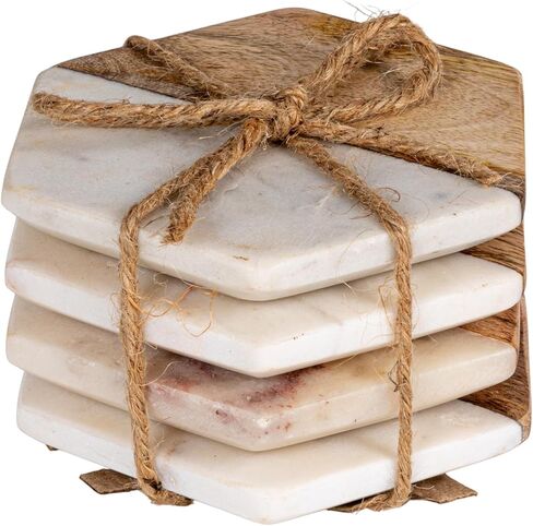 Creative Co-op Marble & Mango Wood Hexagon Coasters (مجموعة من 4 قطع) in Kuwait