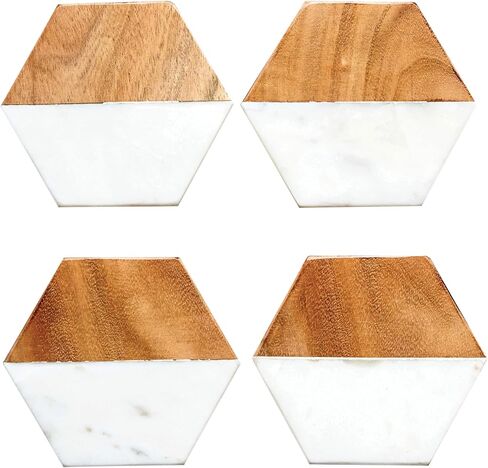 Creative Co-op Marble & Mango Wood Hexagon Coasters (مجموعة من 4 قطع) in Kuwait