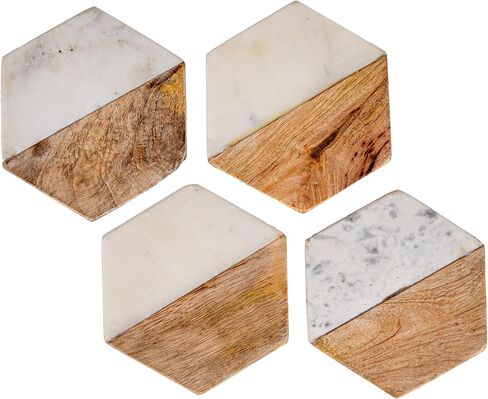 Creative Co-op Marble & Mango Wood Hexagon Coasters (مجموعة من 4 قطع) in Kuwait