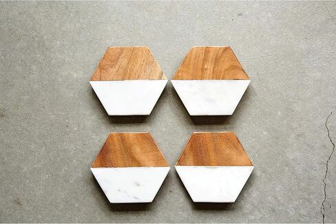Creative Co-op Marble & Mango Wood Hexagon Coasters (مجموعة من 4 قطع) in Kuwait