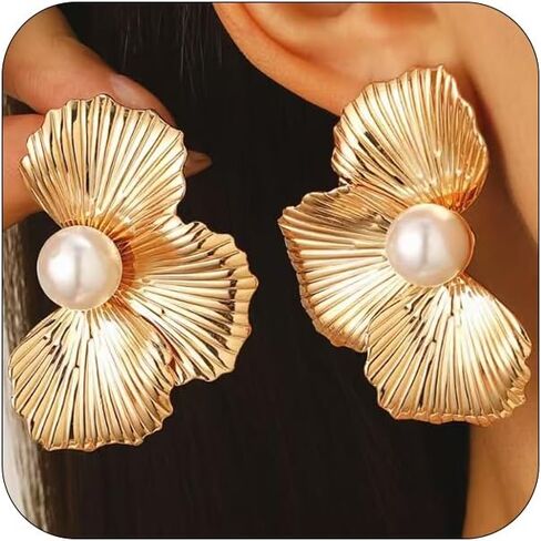 Gold Statement Big Textured Flower Pearl Earrings, Bohemian Chunky Large Petal Floral Pearls Metal Drop Stud Earring Party Ear Jewelry Gift for Women in Saudi Arabia