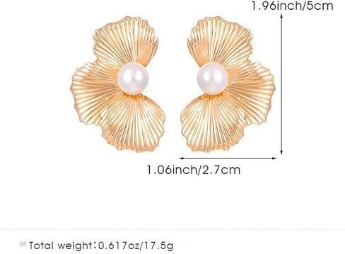 Gold Statement Big Textured Flower Pearl Earrings, Bohemian Chunky Large Petal Floral Pearls Metal Drop Stud Earring Party Ear Jewelry Gift for Women in Saudi Arabia