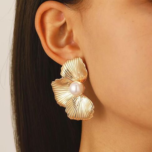 Gold Statement Big Textured Flower Pearl Earrings, Bohemian Chunky Large Petal Floral Pearls Metal Drop Stud Earring Party Ear Jewelry Gift for Women in Saudi Arabia