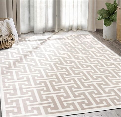 Abani Contemporary 3D Beige & White Modern Greek Key Pattern Area Rug - Geometric Meander 5'3" x 7'6" Arto Collection Neutral Rug Rugs in Kuwait
