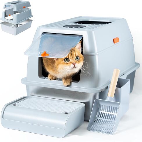 Cattasaurus Stainless Steel XL صندوق القمامة مع غطاء ، للقطط الكبيرة تصل إلى 40 رطلاً. تصميم مغلق قابل للإزالة ، جوانب عالية ، مضاد للتسرب ، غير لاصقة ، سهلة التنظيف ، يشمل مغرفة للتنظيف المريح in Kuwait