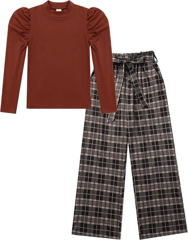 Hotfiary Girls 2 قطعة ملابس نفخة قمم قمم متماسكة مضلعة وملابس ملابس عريضة الساق in Kuwait