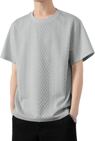 Mens Knit Short Sleeve T Shirts Casual Crewneck Solid Color Shirt Summer Cable Knitted Stretch Pullover Tees in Saudi Arabia