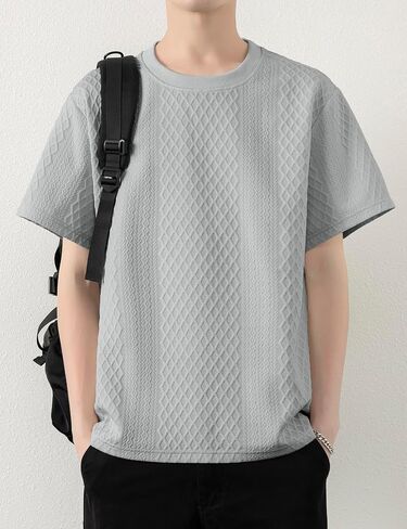 Mens Knit Short Sleeve T Shirts Casual Crewneck Solid Color Shirt Summer Cable Knitted Stretch Pullover Tees in Saudi Arabia