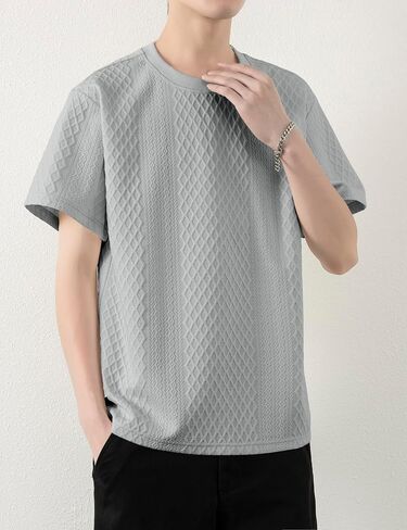 Mens Knit Short Sleeve T Shirts Casual Crewneck Solid Color Shirt Summer Cable Knitted Stretch Pullover Tees in Saudi Arabia