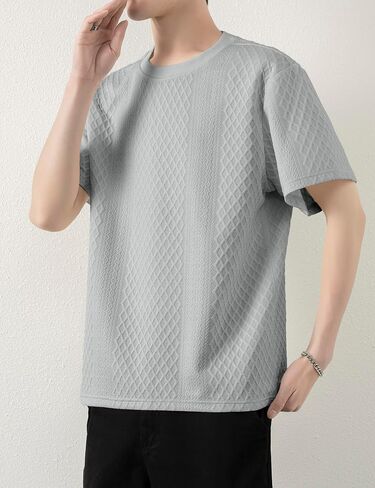 Mens Knit Short Sleeve T Shirts Casual Crewneck Solid Color Shirt Summer Cable Knitted Stretch Pullover Tees in Saudi Arabia