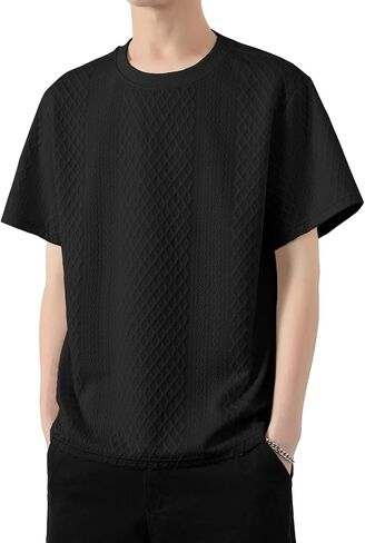 Mens Knit Short Sleeve T Shirts Casual Crewneck Solid Color Shirt Summer Cable Knitted Stretch Pullover Tees in Saudi Arabia