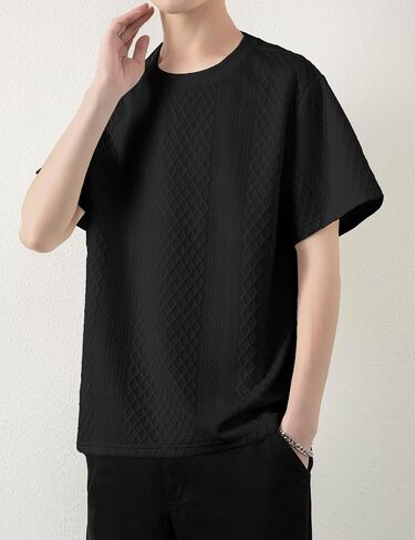 Mens Knit Short Sleeve T Shirts Casual Crewneck Solid Color Shirt Summer Cable Knitted Stretch Pullover Tees in Saudi Arabia