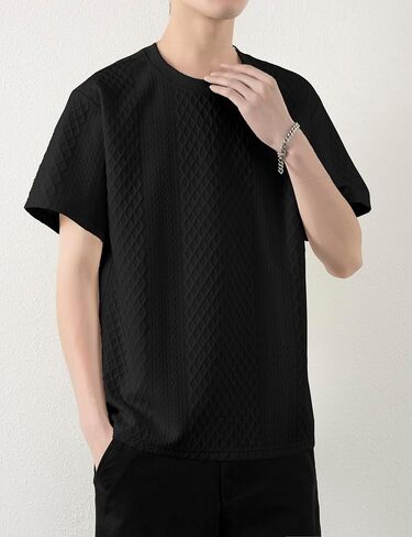 Mens Knit Short Sleeve T Shirts Casual Crewneck Solid Color Shirt Summer Cable Knitted Stretch Pullover Tees in Saudi Arabia