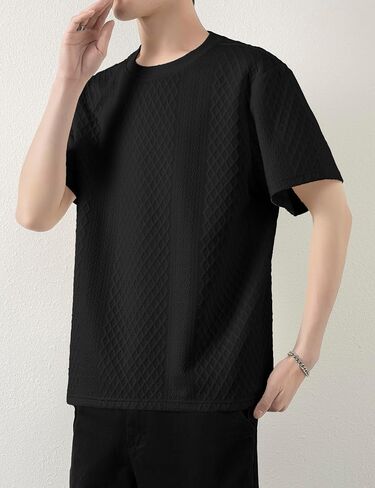 Mens Knit Short Sleeve T Shirts Casual Crewneck Solid Color Shirt Summer Cable Knitted Stretch Pullover Tees in Saudi Arabia