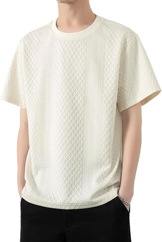 Mens Knit Short Sleeve T Shirts Casual Crewneck Solid Color Shirt Summer Cable Knitted Stretch Pullover Tees in Saudi Arabia