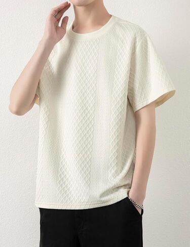 Mens Knit Short Sleeve T Shirts Casual Crewneck Solid Color Shirt Summer Cable Knitted Stretch Pullover Tees in Saudi Arabia