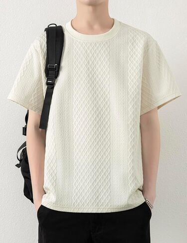 Mens Knit Short Sleeve T Shirts Casual Crewneck Solid Color Shirt Summer Cable Knitted Stretch Pullover Tees in Saudi Arabia