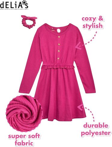 dELiA*s Girls Dress - Cute Long Sleeve Easter Dress for Girls with Matching Scrunchie for Church or Casual Wear (Sizes 7-16) in Kuwait