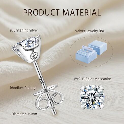 Moissanite Stud Earrings Rhodium Plated 925 Sterling Silver Earrings Moissanite Jewelry Gifts for Women Men in Saudi Arabia