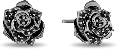 Jewelili Enchanted Disney Fine Jewelry Maleficent Rose Earrings for Women | Black Rhodium over Sterling Silver | 1/4 CTTW Black Diamonds | Push Back Studs | Disney Villain Jewelry Gifts for Her | in Saudi Arabia