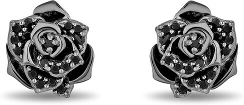 Jewelili Enchanted Disney Fine Jewelry Maleficent Rose Earrings for Women | Black Rhodium over Sterling Silver | 1/4 CTTW Black Diamonds | Push Back Studs | Disney Villain Jewelry Gifts for Her | in Saudi Arabia