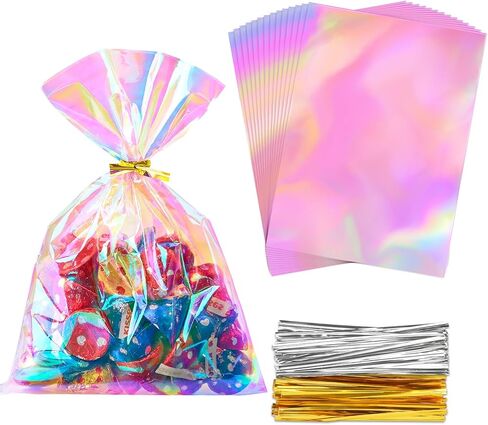 أكياس معالجة السيلوفان القزحية Ohuimrt ، 4 × 9.5 بوصات أكياس جيدة من البلاستيك ، و 100 PCS Party Fies With 100 pcs للحلوى ، والوجبات الخفيفة ، والهدايا الصغيرة in Kuwait
