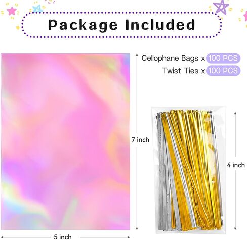 أكياس معالجة السيلوفان القزحية Ohuimrt ، 4 × 9.5 بوصات أكياس جيدة من البلاستيك ، و 100 PCS Party Fies With 100 pcs للحلوى ، والوجبات الخفيفة ، والهدايا الصغيرة in Kuwait