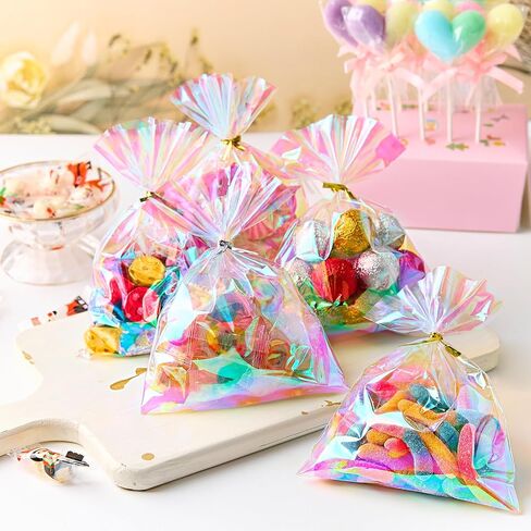 أكياس معالجة السيلوفان القزحية Ohuimrt ، 4 × 9.5 بوصات أكياس جيدة من البلاستيك ، و 100 PCS Party Fies With 100 pcs للحلوى ، والوجبات الخفيفة ، والهدايا الصغيرة in Kuwait