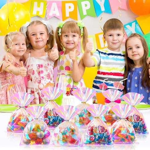 أكياس معالجة السيلوفان القزحية Ohuimrt ، 4 × 9.5 بوصات أكياس جيدة من البلاستيك ، و 100 PCS Party Fies With 100 pcs للحلوى ، والوجبات الخفيفة ، والهدايا الصغيرة in Kuwait