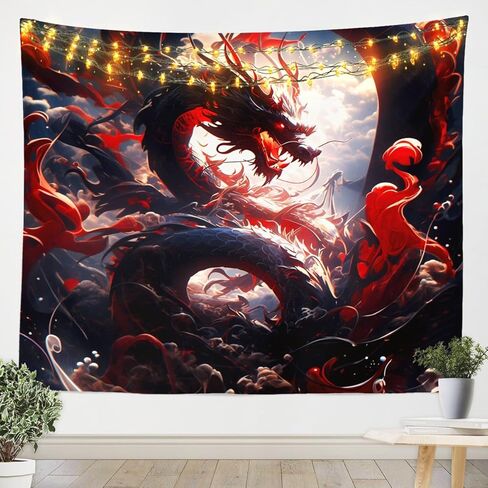 Erosebridal Magic Dragon Wall Art Black and Red Dragon Wall Decord ، Tapestry Animal Tapestry لغرفة النوم الجمالية للحياة البرية القديمة ، جدار السحب البيضاء معلقة in Kuwait