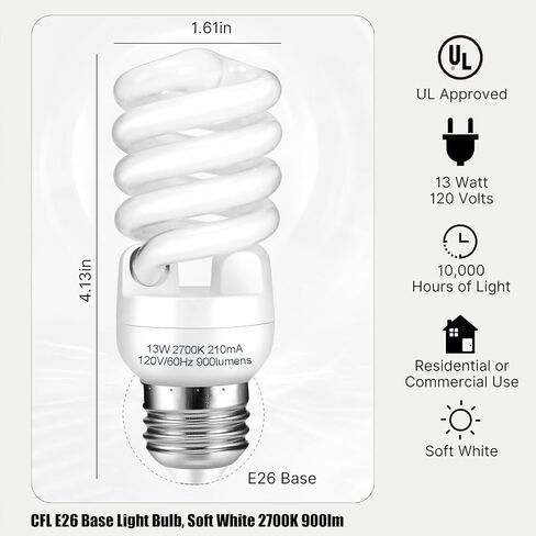 CFL Light Bulbs E26 Base, T2 Spiral 13Watt (60Watt Equivalent) Soft White 2700K 900lm Compact Fluorescent Light Bulbs, UL Approved, 120v 60Hz, Self Ballasted CFL Bulbs, Pack of 2 in Saudi Arabia