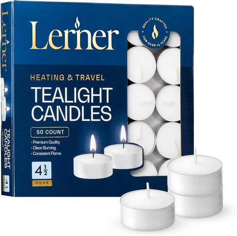 Lerner Tealight Candles, 50 Count| 4.5 Hours Long-Burning White Tea Light Candles| Non-Toxic, Smokeless & Soot-Free Tea Light Warmer Candles | Unscented Party, Décor, Shabbat Tea Candles in Saudi Arabia
