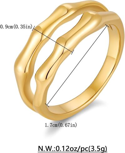 18K Gold Plated Stainless Steel Bamboo Double Band Ring for Women – Stackable Dainty or Chunky Non-Tarnish Jewelry Gift for Wedding, Anniversary, Everyday Wear Size 6 7 8 in Kuwait