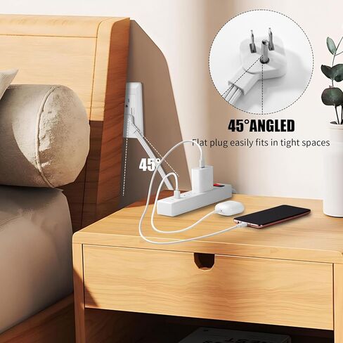 Twin Extension Cord 12 FT - Split Extension Cord with 6 Outlets and 6 USB Ports - 3 Prong Flat Plug Extension Cord - Double Extension Cord for Behind Bed, Couch, Nightstands, Vanity, Furniture in Kuwait