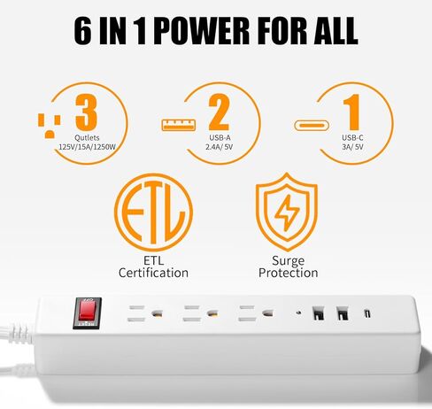 Twin Extension Cord 12 FT - Split Extension Cord with 6 Outlets and 6 USB Ports - 3 Prong Flat Plug Extension Cord - Double Extension Cord for Behind Bed, Couch, Nightstands, Vanity, Furniture in Kuwait