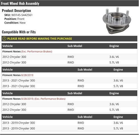 مجموعة محور العجلات الأمامية - متوافقة مع 2012-2021 Chrysler 300 RWD in Saudi Arabia