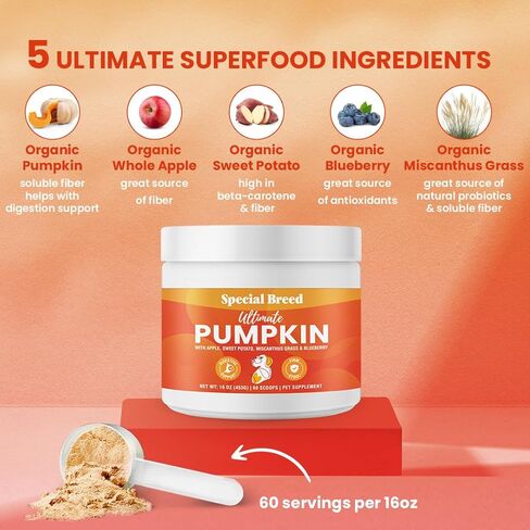 Ultimate Pumpkin for Dogs (8 oz) - with Organic Pumpkin, Apple, Sweet Potato, Miscanthus Grass & Blueberry, Digestive Support Relief for Constipation, Loose Stools, and Upset Stomaches, 30 Scoops in Kuwait