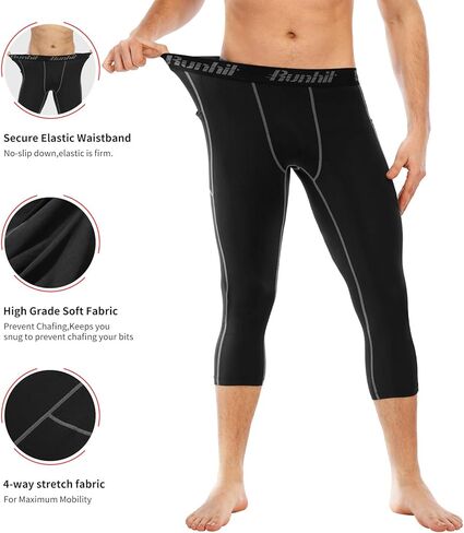 Runhit Men's 3/4 Compression Pants with Pockets，Athletic Leggings Running Capri Tights，Workout Basketball Gym Base Layer in Saudi Arabia