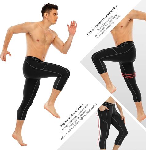 Runhit Men's 3/4 Compression Pants with Pockets，Athletic Leggings Running Capri Tights，Workout Basketball Gym Base Layer in Saudi Arabia