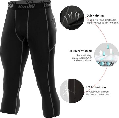 Runhit Men's 3/4 Compression Pants with Pockets，Athletic Leggings Running Capri Tights，Workout Basketball Gym Base Layer in Saudi Arabia