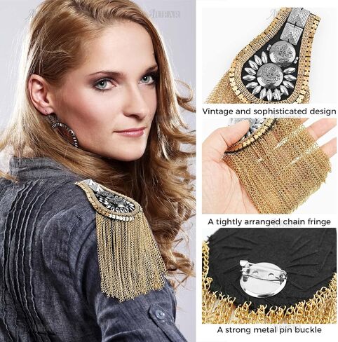 AUEAR, 1 Pair Rivet Shoulder Epaulettes Badge Tassel Chain Metal Fringe Shoulder Pads Epaulets Blazer Jackets Decoration for Men Women (Silver) in Saudi Arabia