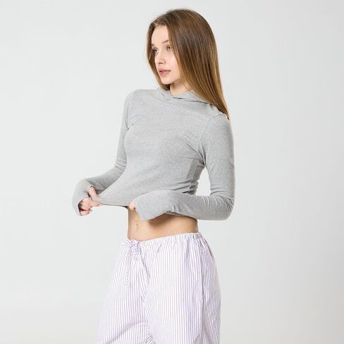 GIVON Womens Cotton Blend Slim Fit Long Sleeve Cropped Pullover Hoodies Sweatshirts Lightweight Casual Trend with Thumb Hole in Saudi Arabia