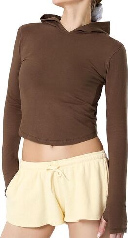 GIVON Womens Cotton Blend Slim Fit Long Sleeve Cropped Pullover Hoodies Sweatshirts Lightweight Casual Trend with Thumb Hole in Saudi Arabia