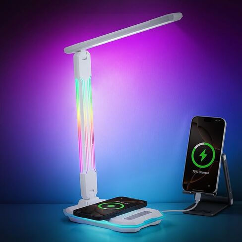 مصباح مكتب LED من WILIT مع شاحن لاسلكي، مصباح ألعاب تفاعلي متغير اللون RGB مع منفذ شحن USB، مصباح طاولة للتحكم باللمس، مصباح للقراءة، مصباح سطح المكتب للمكتب المنزلي، هدايا عيد الميلاد in Kuwait