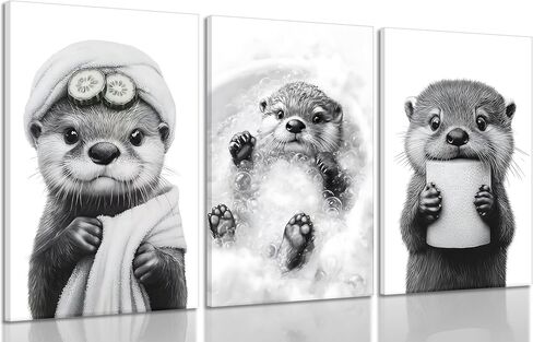 3Pcs Cute Otter Canvas Wall Art Funny Bathroom Paintings Pictures Wall Decor Black And White Animal Poster Printing Artwork for Home Farmhouse Toilet Lavatory Bathroom Restroom Home Decoration in Saudi Arabia