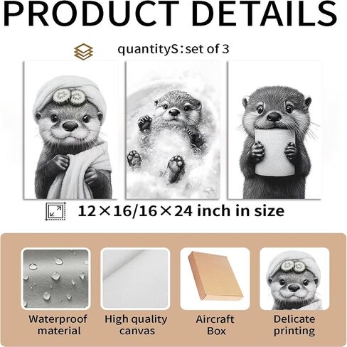 3Pcs Cute Otter Canvas Wall Art Funny Bathroom Paintings Pictures Wall Decor Black And White Animal Poster Printing Artwork for Home Farmhouse Toilet Lavatory Bathroom Restroom Home Decoration in Saudi Arabia